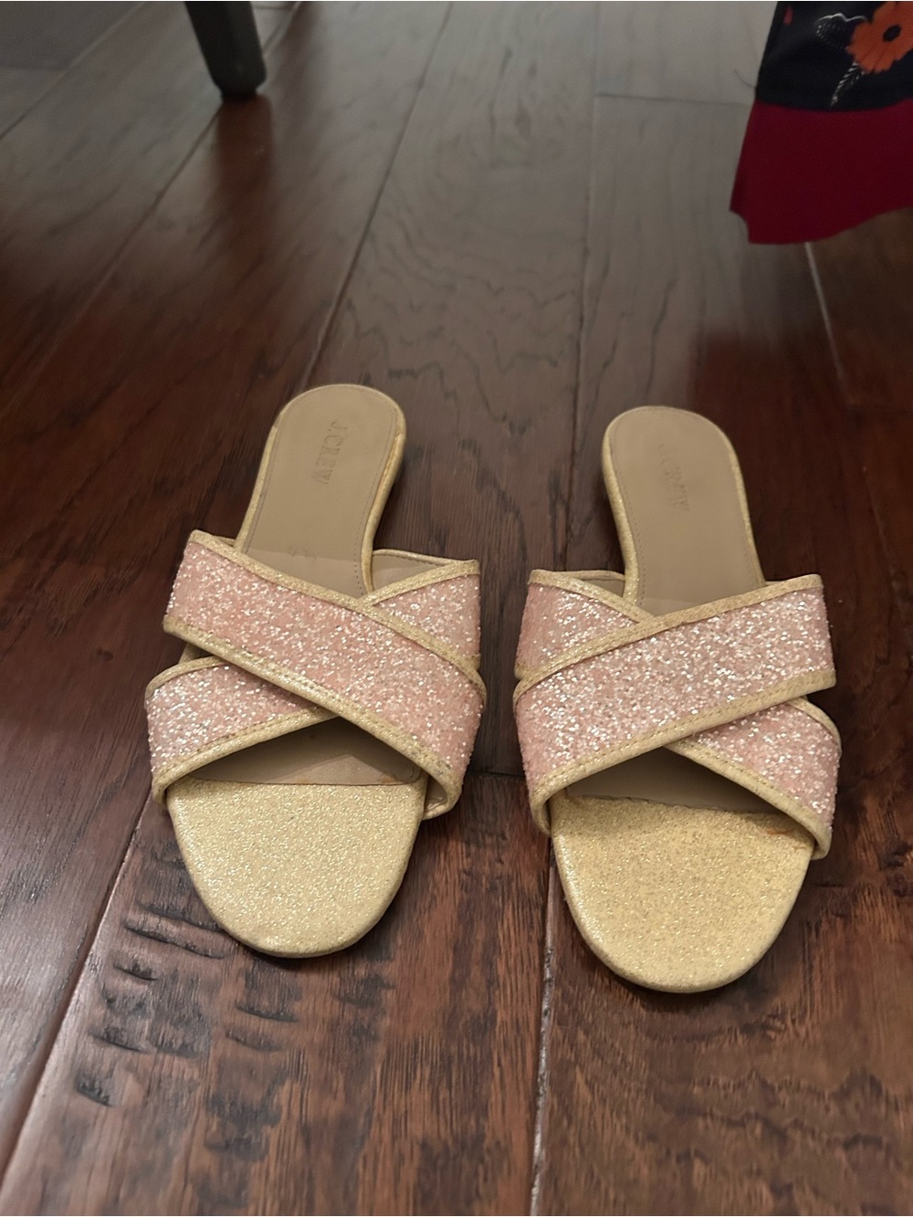 J. Crew Pink and Gold Glitter Slide Sandals